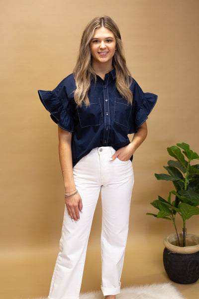 Navy Stitched Ruffle Sleeve Top