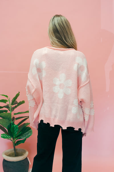 Baby Pink Floral Pearl Sweater