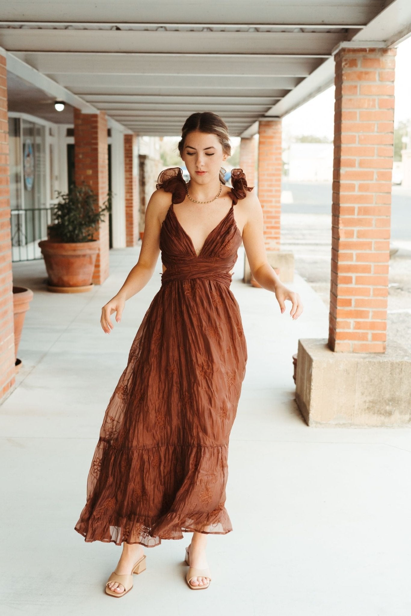 Brown Floral Embroidered Maxi Dress LD2163 Brown Floral Embroidered Maxi Dress LD2163