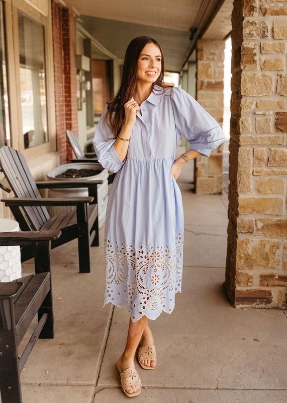 chambray midi dress with sleeves Chambray Midi Dress with Eyelet Embroidered Hem D25644