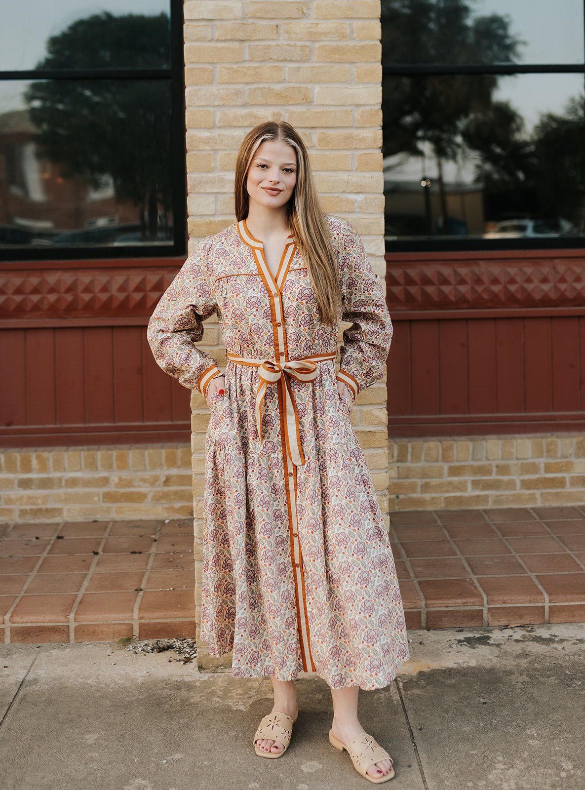 Cream Orange Floral Midi Dress MDR4412