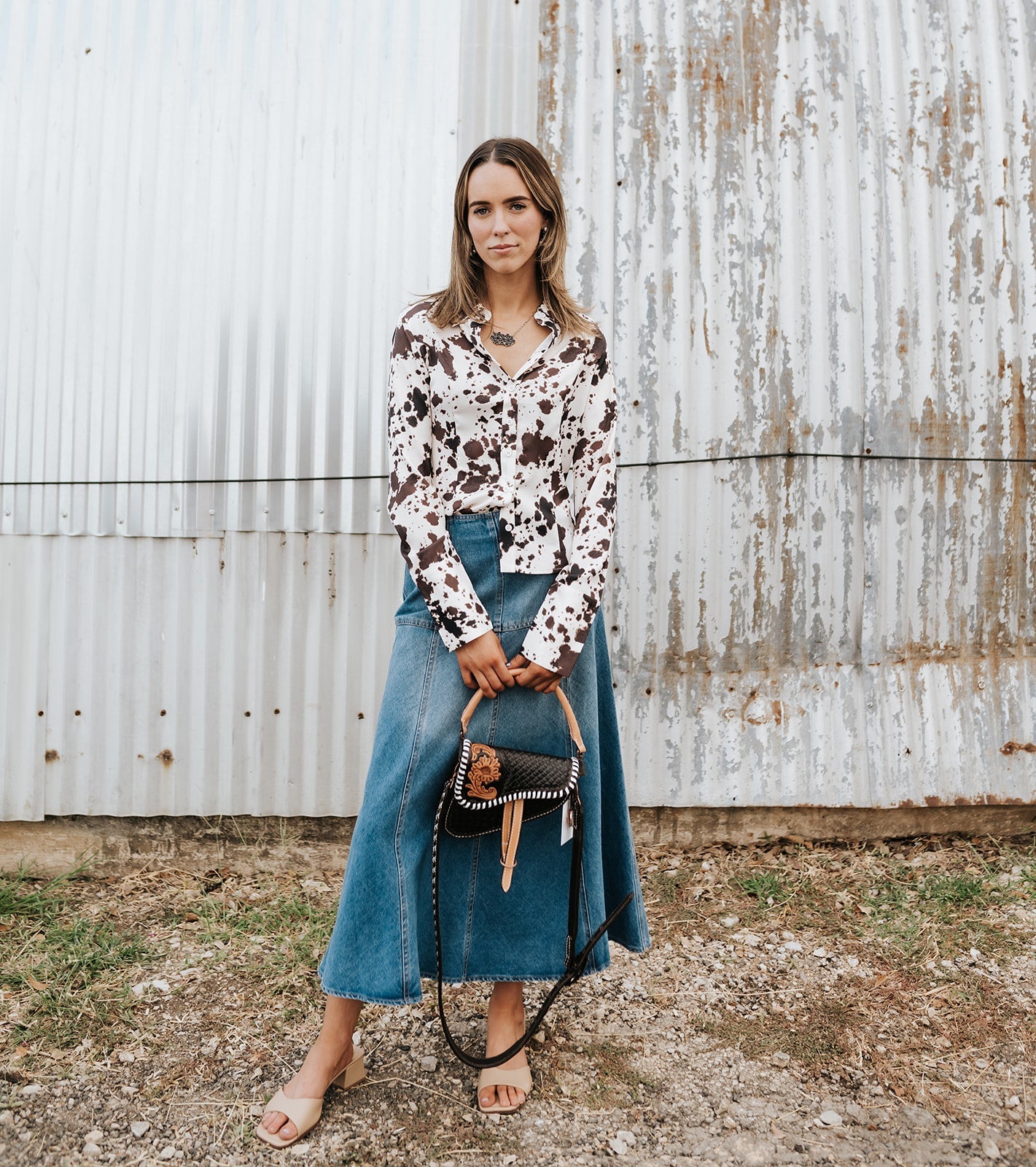 white christmas dresses High Waisted Paneled Denim Midi Skirt CS3812 Large