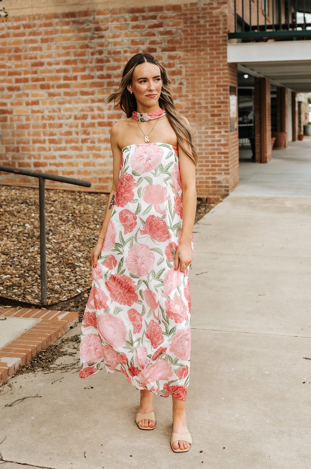 strapless dress with scarf Pink Floral Maxi CD06526 Large Odette | Powder BLUE smooth satin skirt Model Shoot Size:us:2