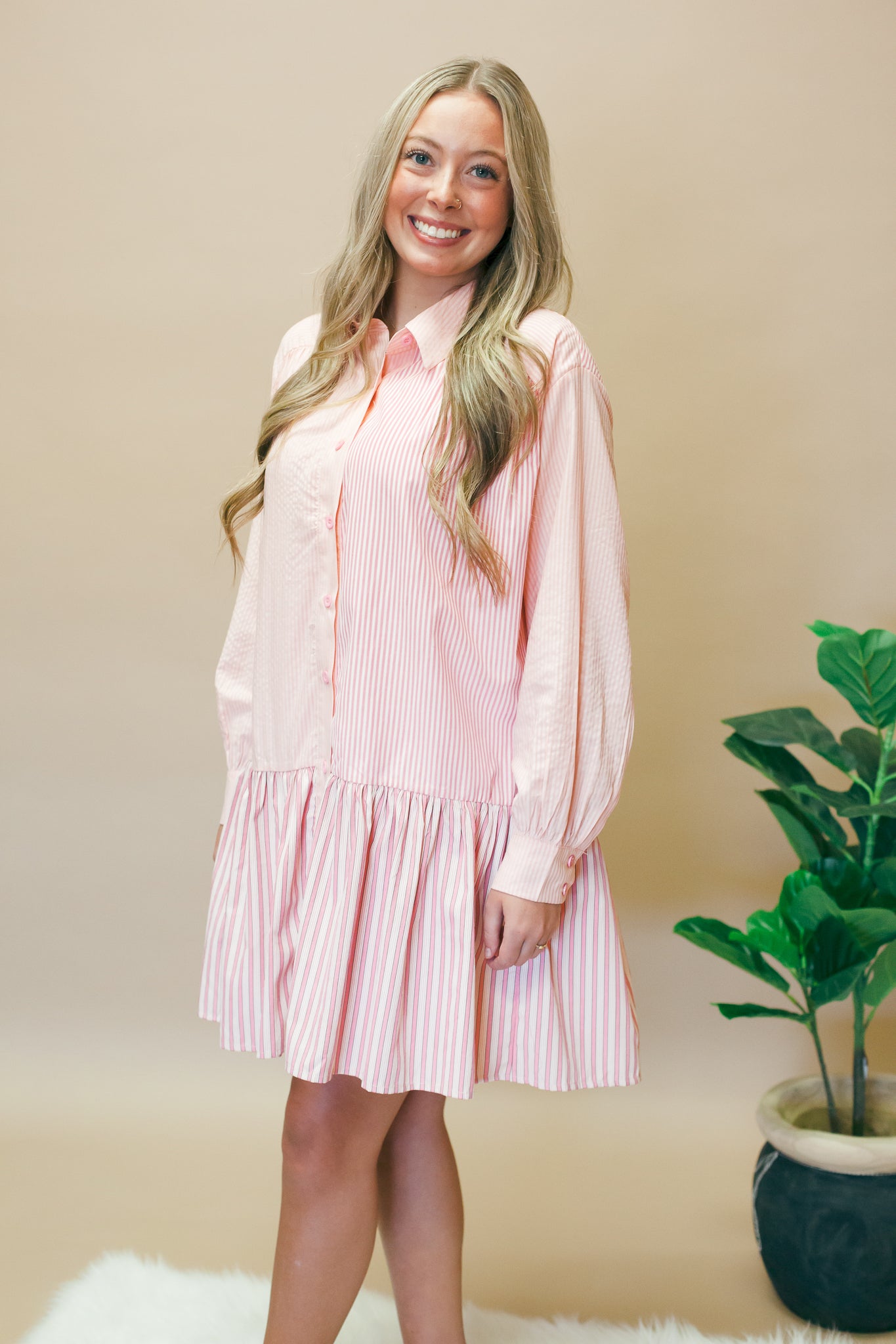 Pink/Ivory Striped Shirt Dress
