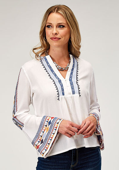 Roper 3077 White LS Embroidered Top
