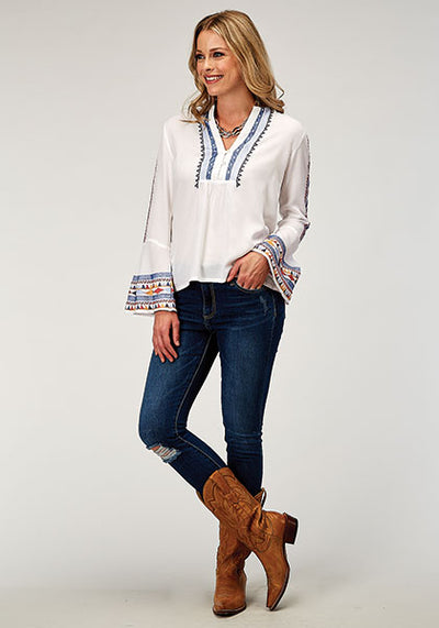 Roper 3077 White LS Embroidered Top