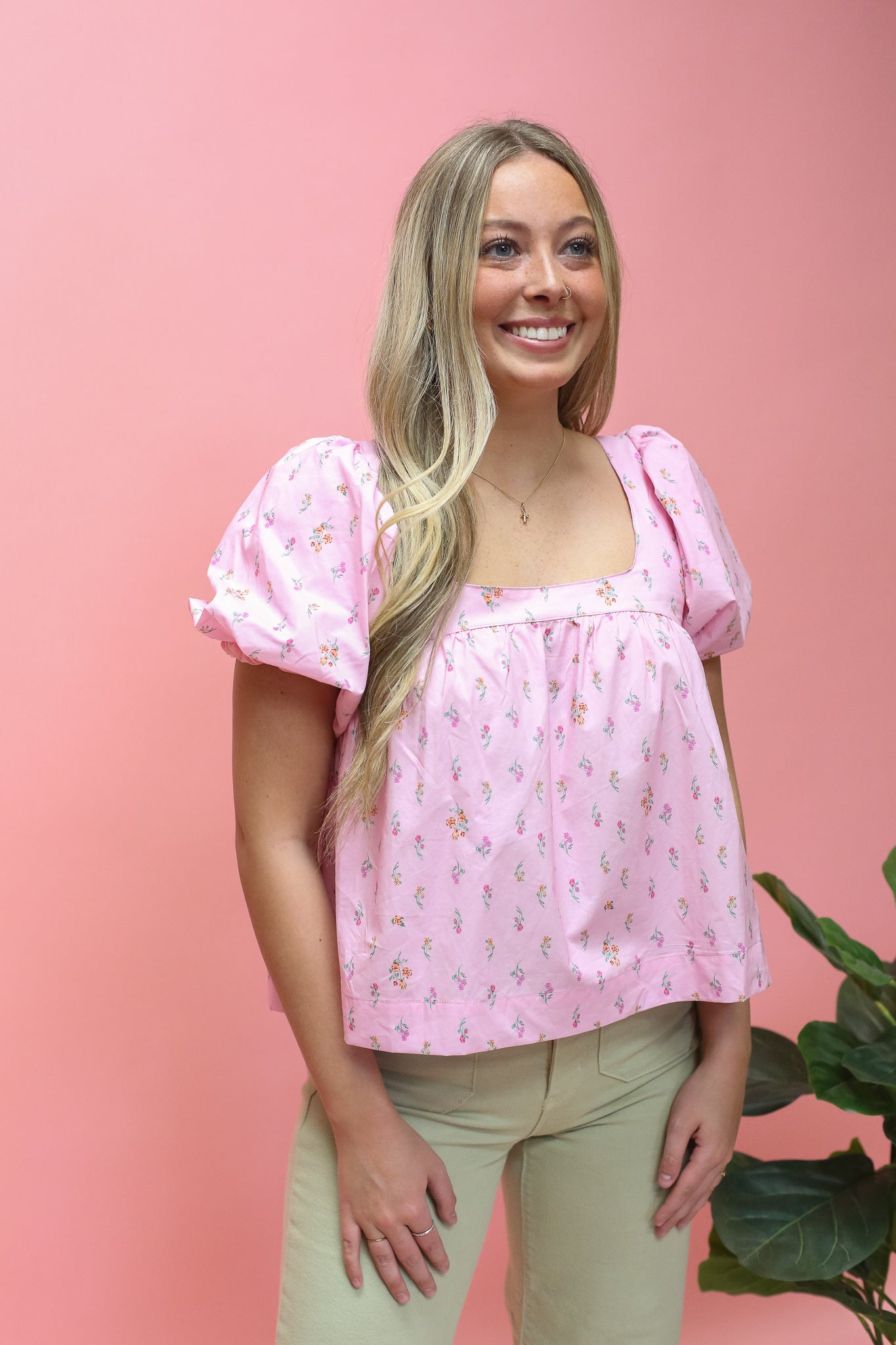Pink Mini Floral Puff Sleeve Blouse