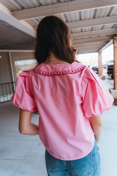 Pink Bubble Sleeve Top with Embroidered Chelsea Collar T25510
