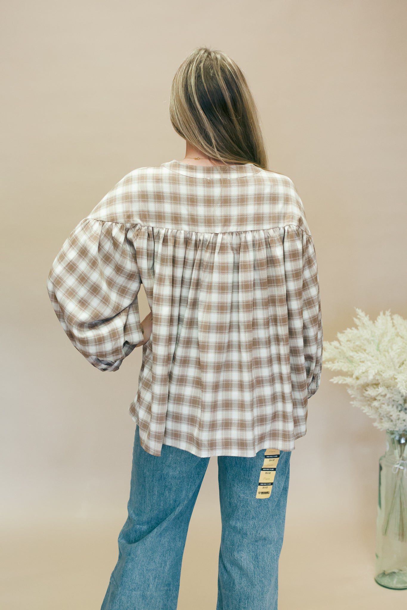 Taupe Plaid Ovrsized LS Blouse