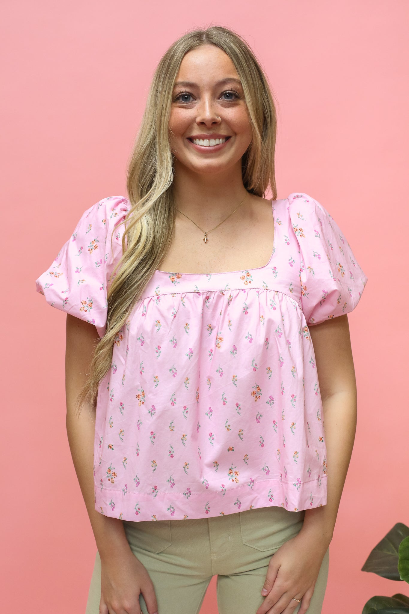 Pink Mini Floral Puff Sleeve Blouse
