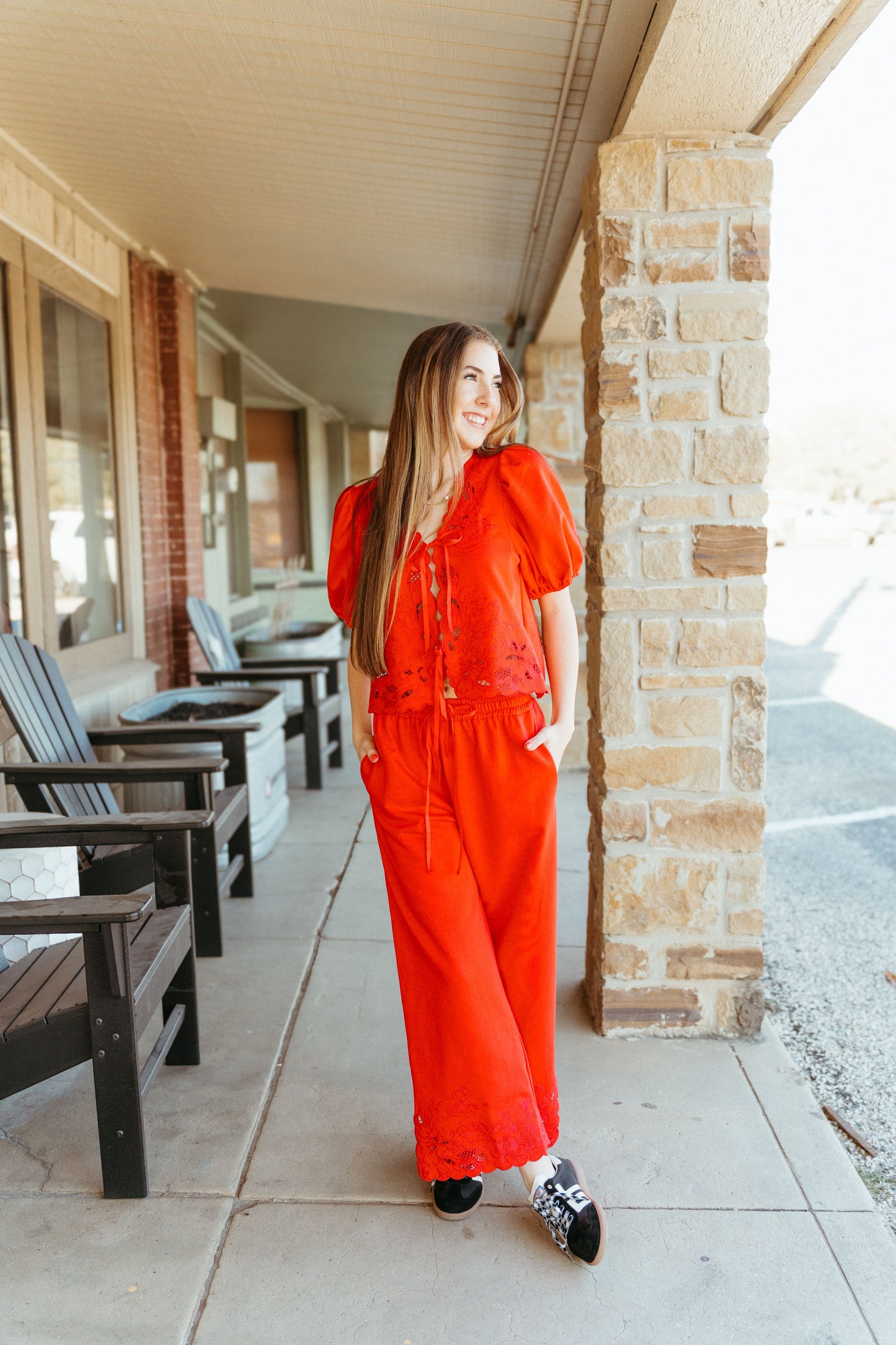 Red Scallop Embroidered Wide Leg Ankle Pants P25813