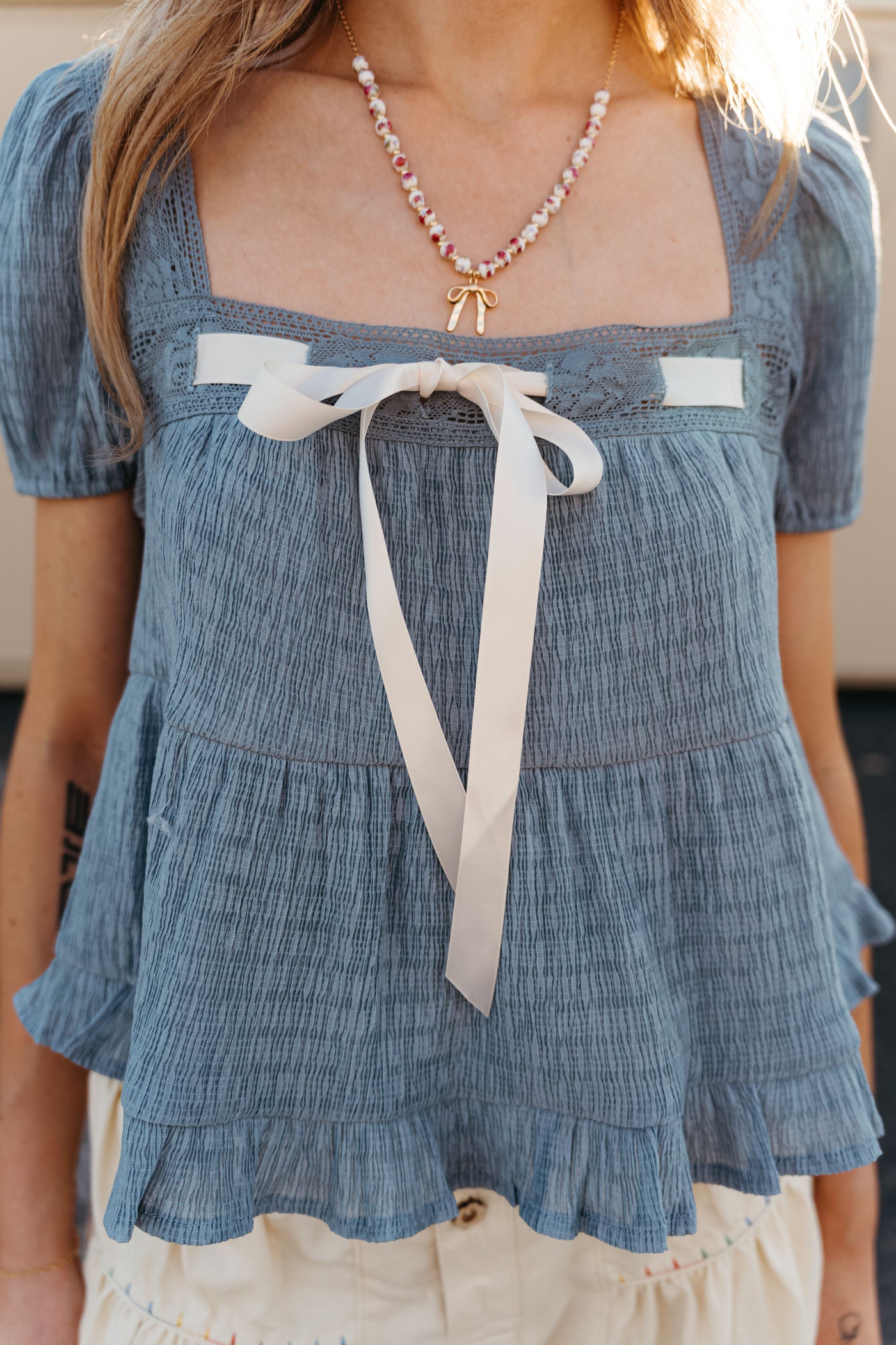 Light Blue Puff Sleeve Babydoll Top IT5273