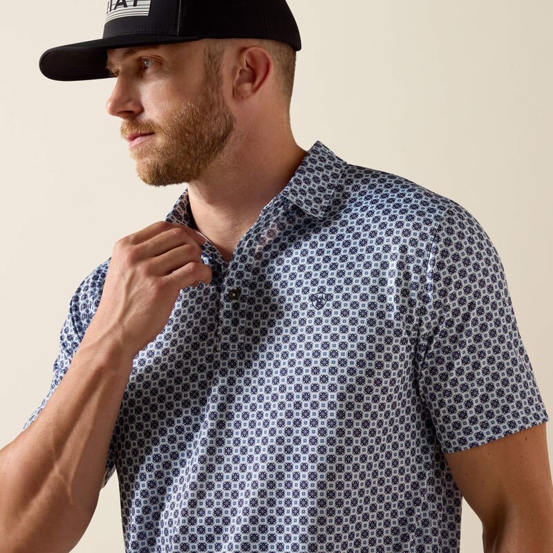 10071093 MNS All Over Print Fitted Polo WHITE MEDALLION PRINT SHORT SLEEVE - Southern Soule Designs