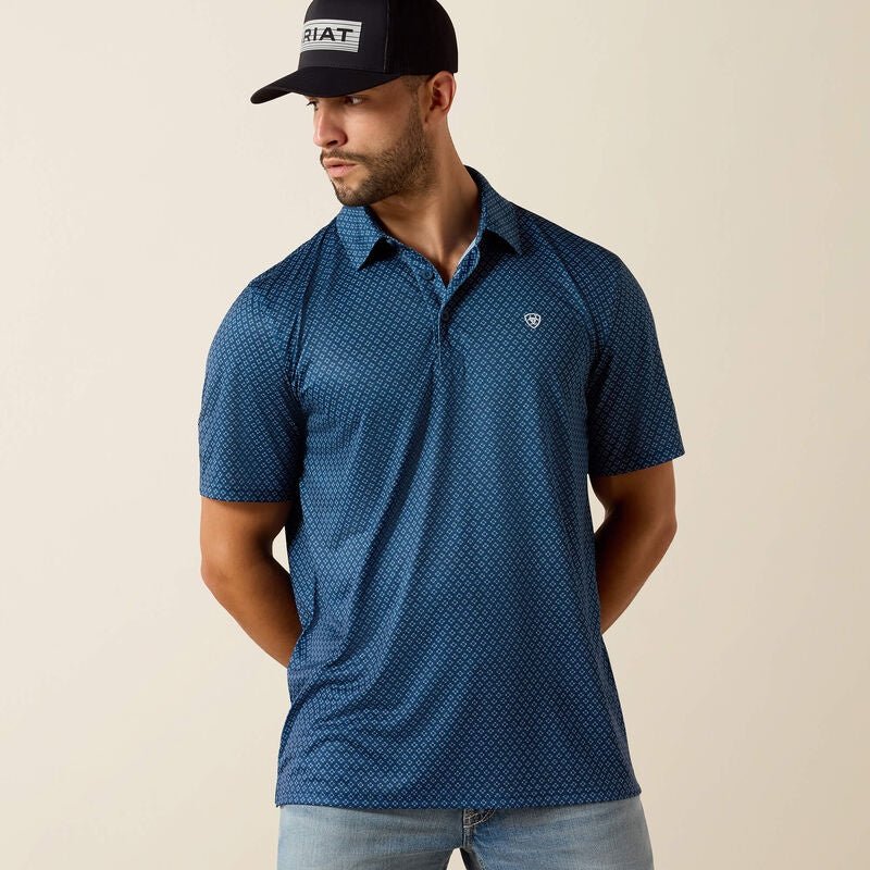 10071495 MNS All Over Print Polo DARK DENIM MEDALLION PRINT SHORT SLEEVE - Southern Soule Designs