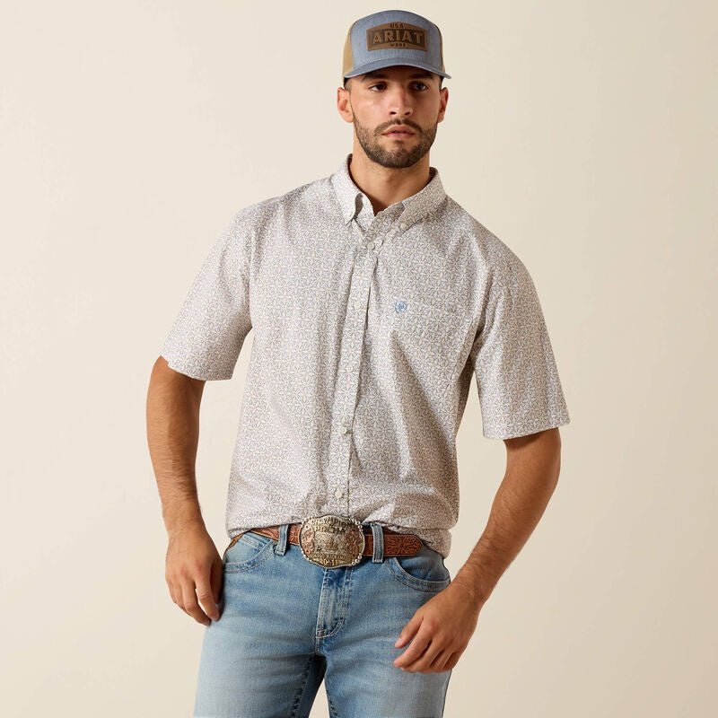 10071739 MNS Wrinkle Free Chris Classic Fit Shirt White Geo Print Short Sleeve - Southern Soule Designs
