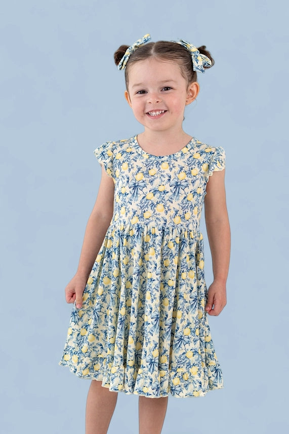 Girls Vintage Citrus Toile Cap Sleeve Dream Ruffle Dress