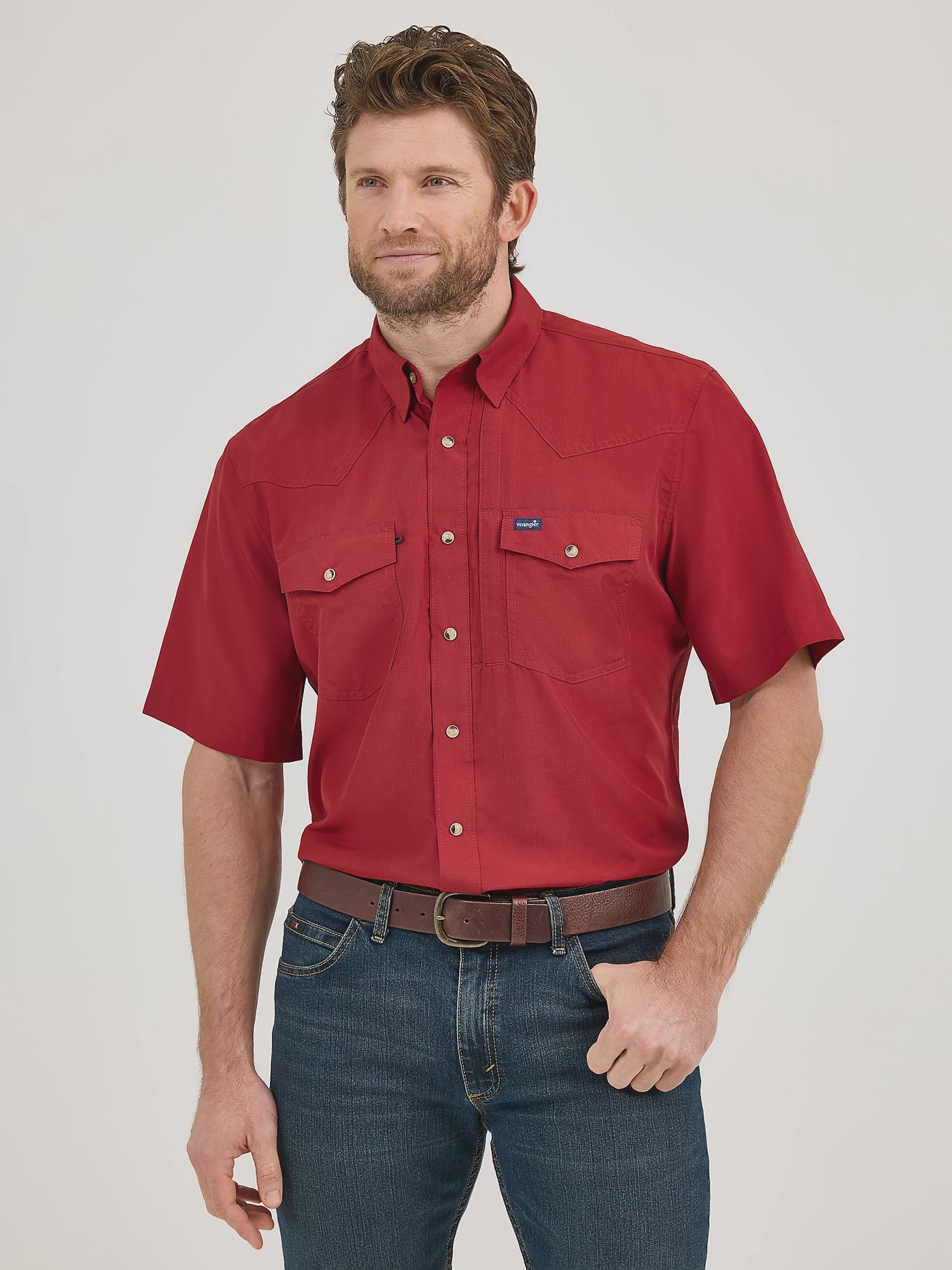 Wrangler Mens Perf Snap Short Sleeve Shirt Scarlet Red 112359436