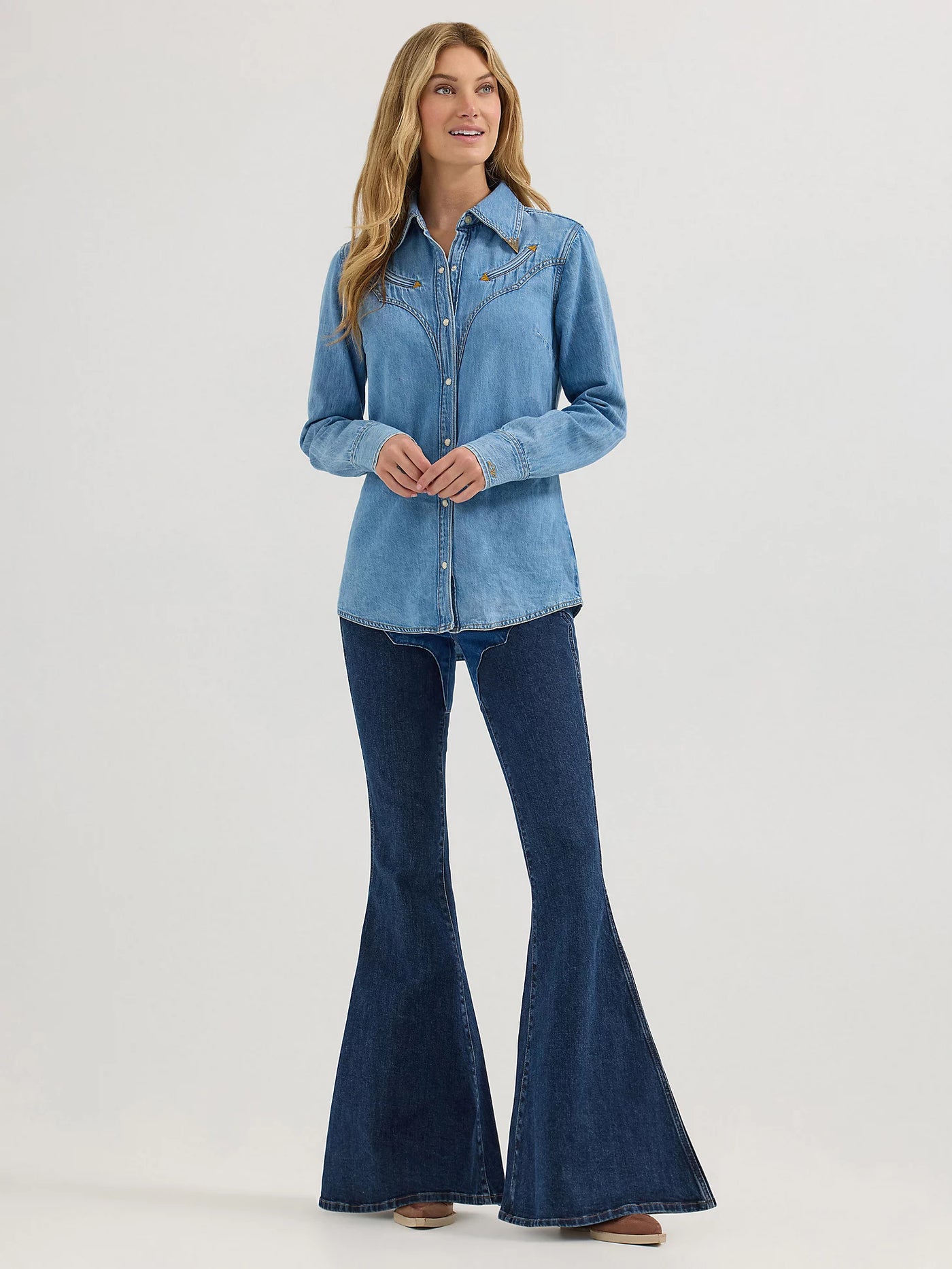 Wrangler X Lainey Wilson Moxie Western Denim Shirt in Mid Wash Denim 112360616