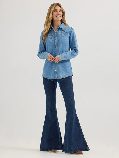 Wrangler X Lainey Wilson Moxie Western Denim Shirt in Mid Wash Denim 112360616