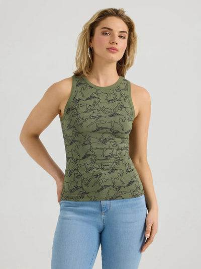 Wrangler Women's Printed Slim Goddess Tank Olive Green 112361137