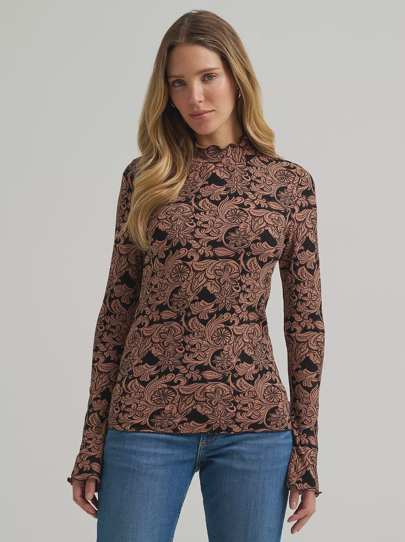 Wrangler Women's Black Floral Mock Neck Top 112382532