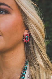 1.25" Turquoise/Red Oval Cluster Earrings - Southern Soule Designs