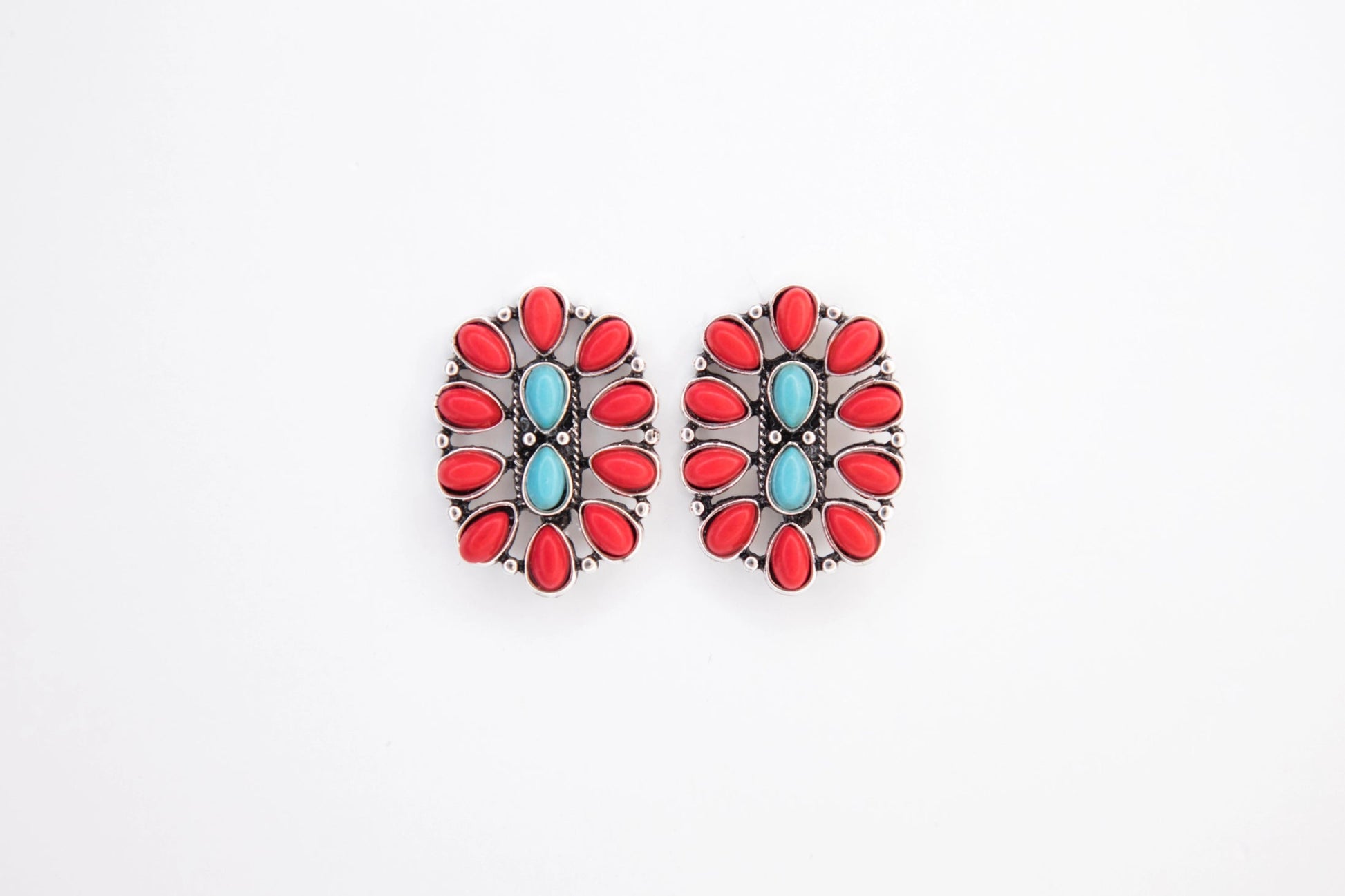 1.25" Turquoise/Red Oval Cluster Earrings - Southern Soule Designs