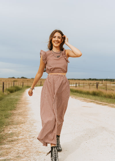 Crimson Gingham Elastic Waist Maxi Skirt CS3808