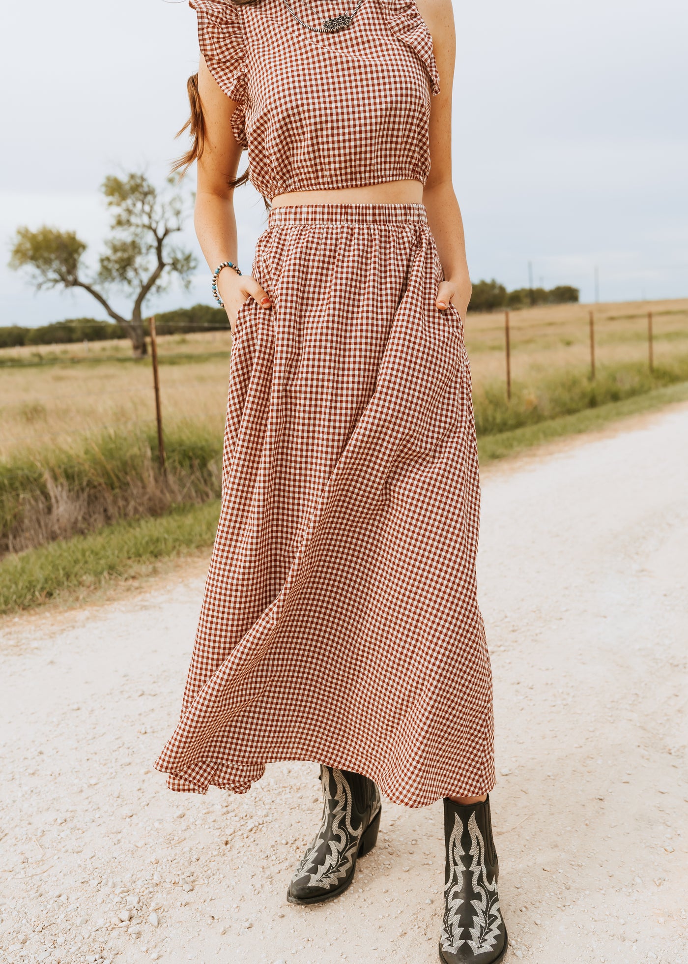 Crimson Gingham Elastic Waist Maxi Skirt CS3808