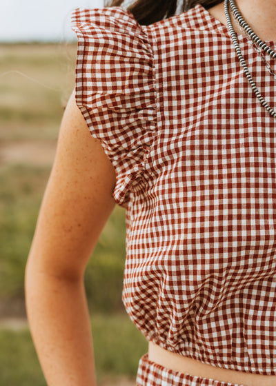 Crimson Gingham Ruffle Sleeve Cropped Top CT9352