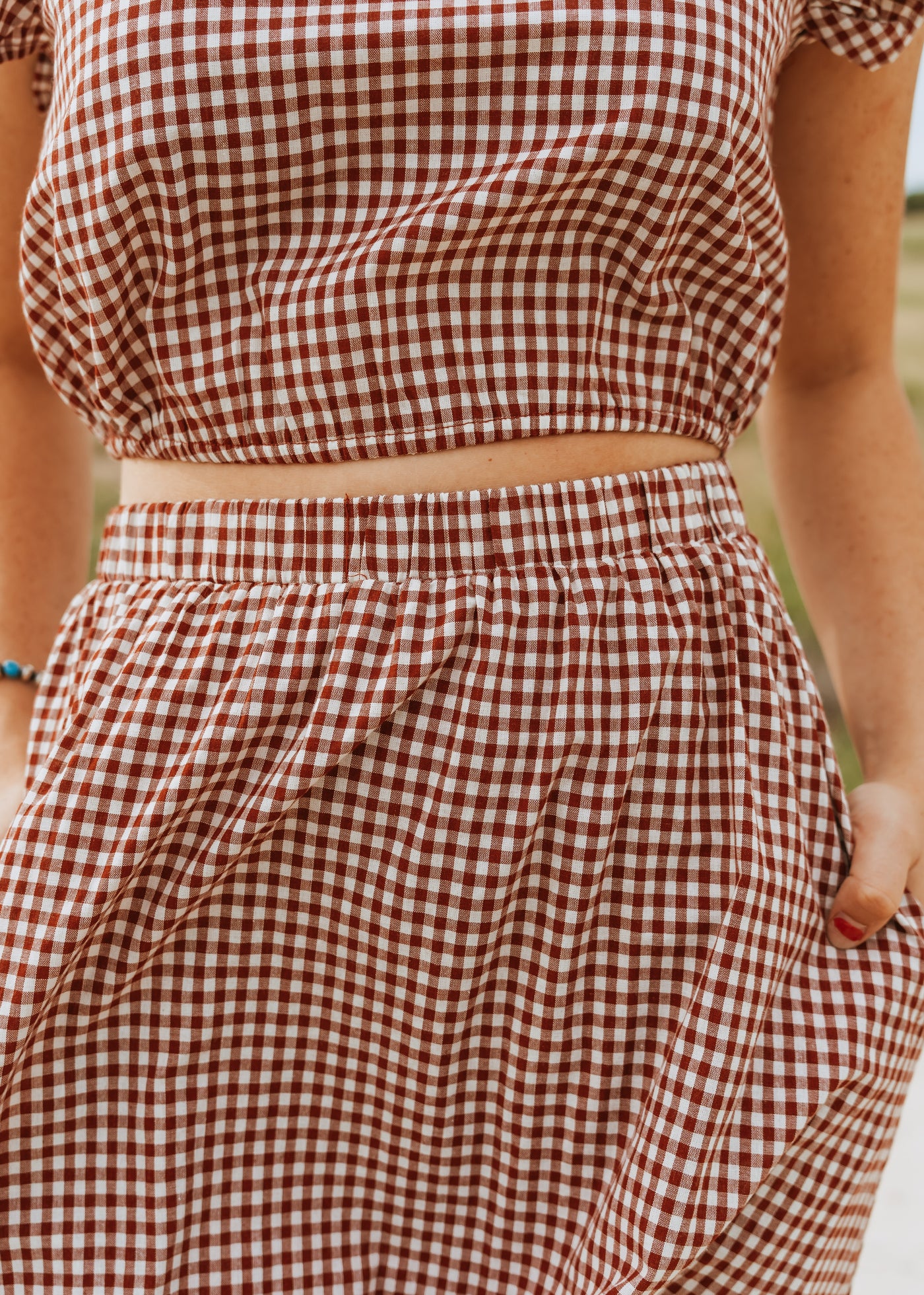 Crimson Gingham Ruffle Sleeve Cropped Top CT9352