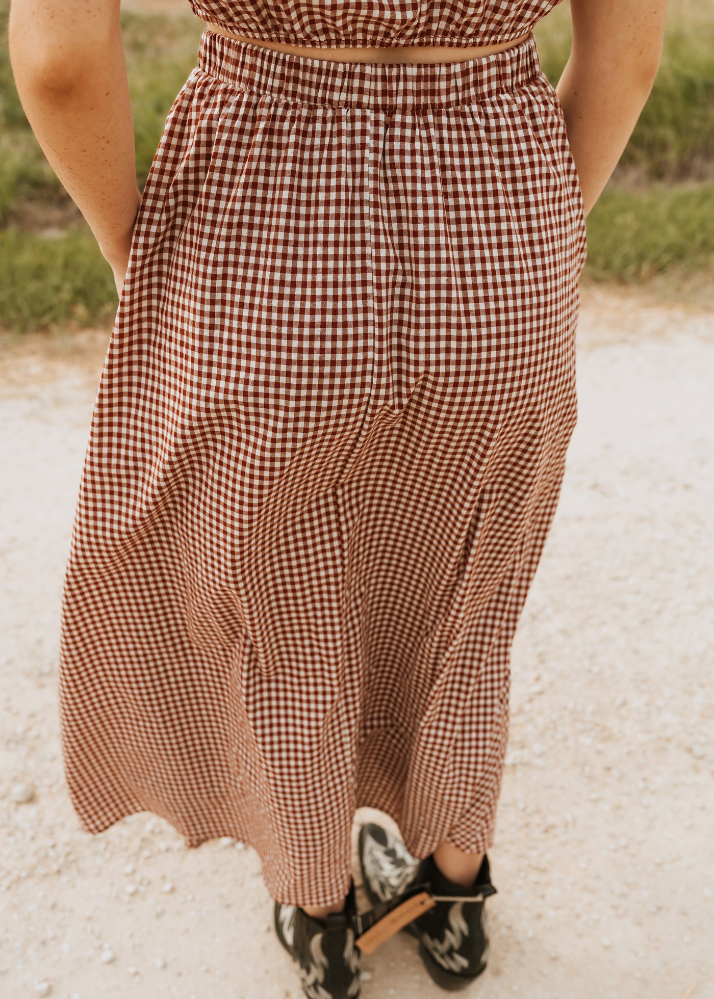Crimson Gingham Elastic Waist Maxi Skirt CS3808