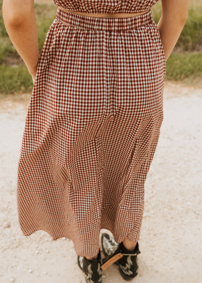 Crimson Gingham Elastic Waist Maxi Skirt CS3808