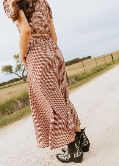Crimson Gingham Elastic Waist Maxi Skirt CS3808