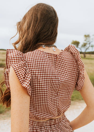 Crimson Gingham Ruffle Sleeve Cropped Top CT9352