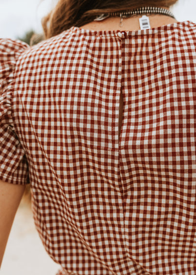 Crimson Gingham Ruffle Sleeve Cropped Top CT9352