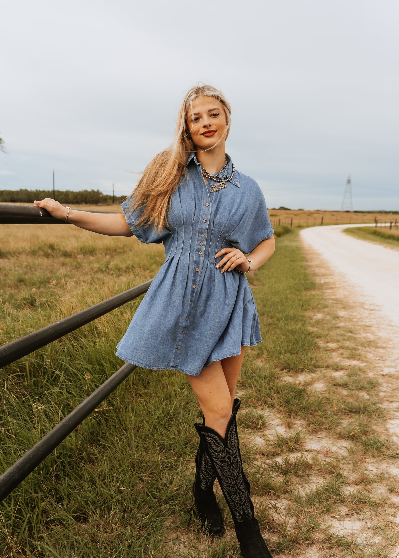 Chambray Denim Button Down Pleated Dress D5541