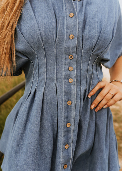 Chambray Denim Button Down Pleated Dress D5541