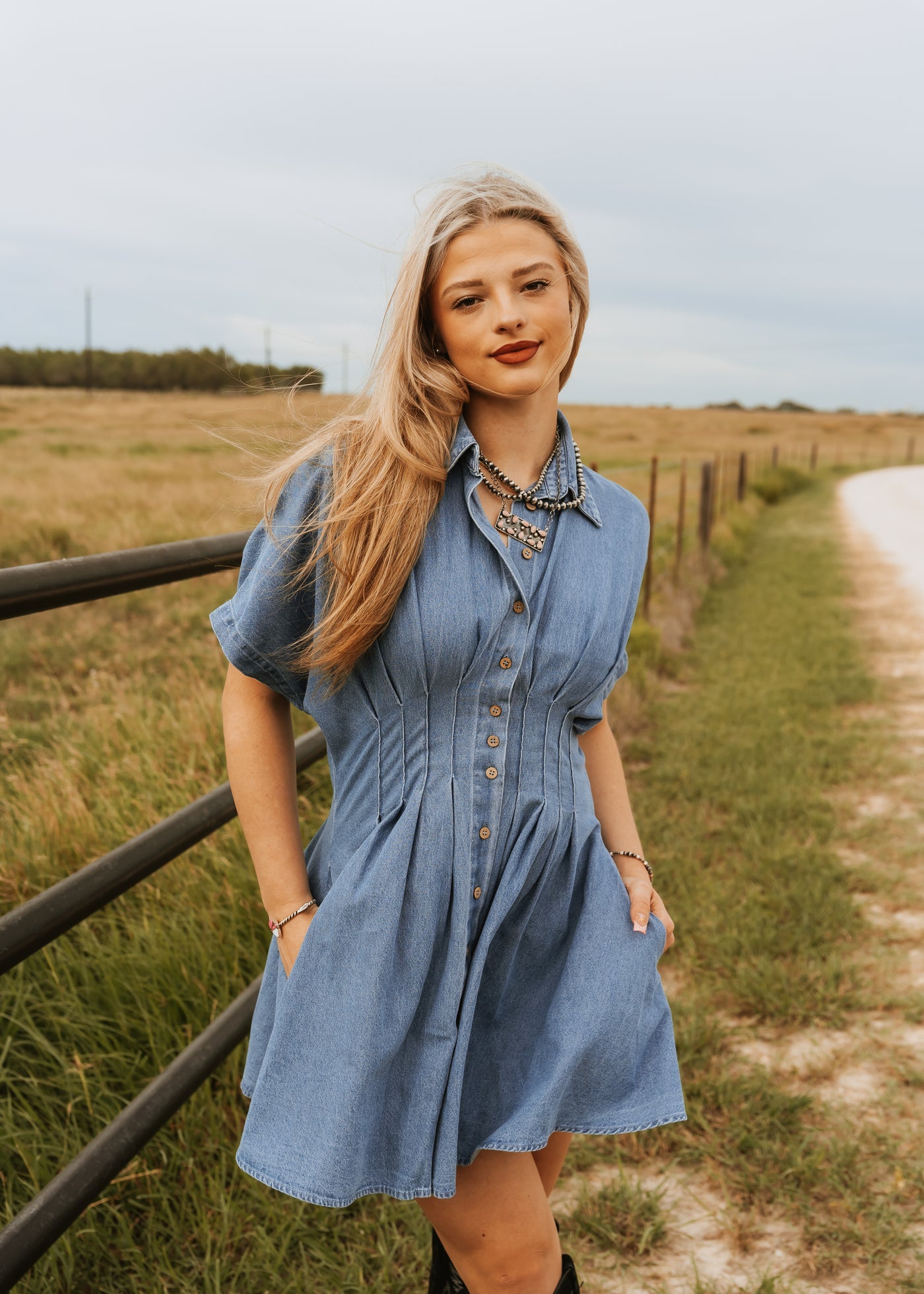 Chambray Denim Button Down Pleated Dress D5541