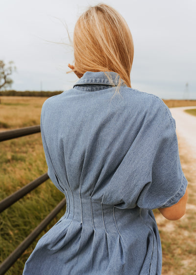 Chambray Denim Button Down Pleated Dress D5541