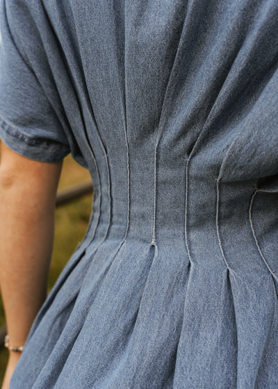 Chambray Denim Button Down Pleated Dress D5541