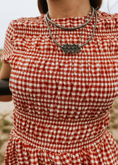 Red Gingham Smocked Short Sleeve Dress CD05375