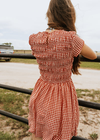 Red Gingham Smocked Short Sleeve Dress CD05375