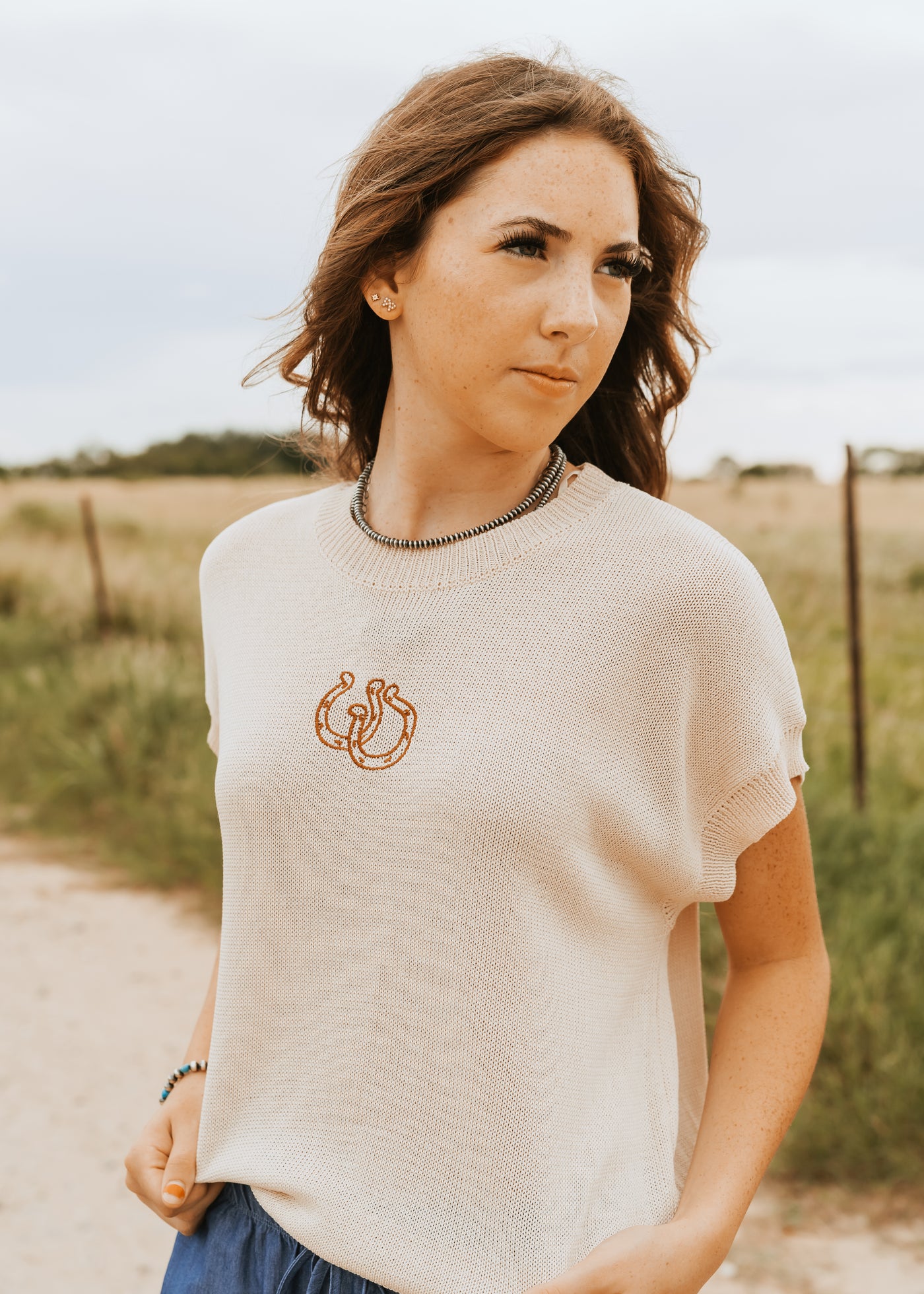 Natural/Rust Double Horseshoe Knit Top WL25-10916