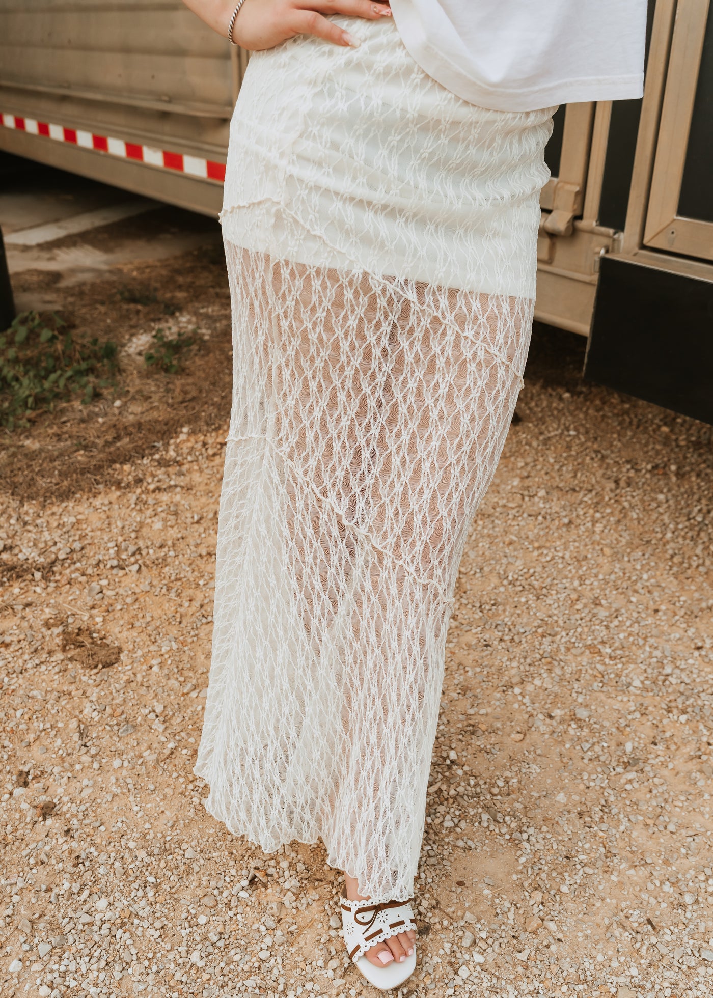 Cream Lace Crochet Maxi Skirt with Lining BRK3732