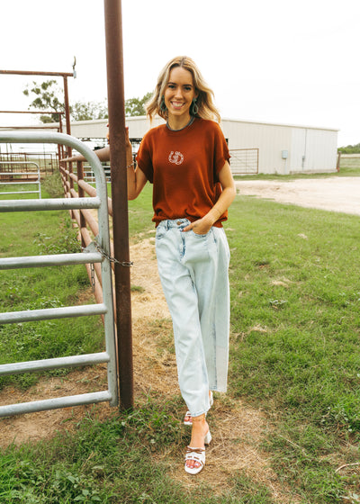Rust/Cream Double Horseshoe Knit Top WL25-10916