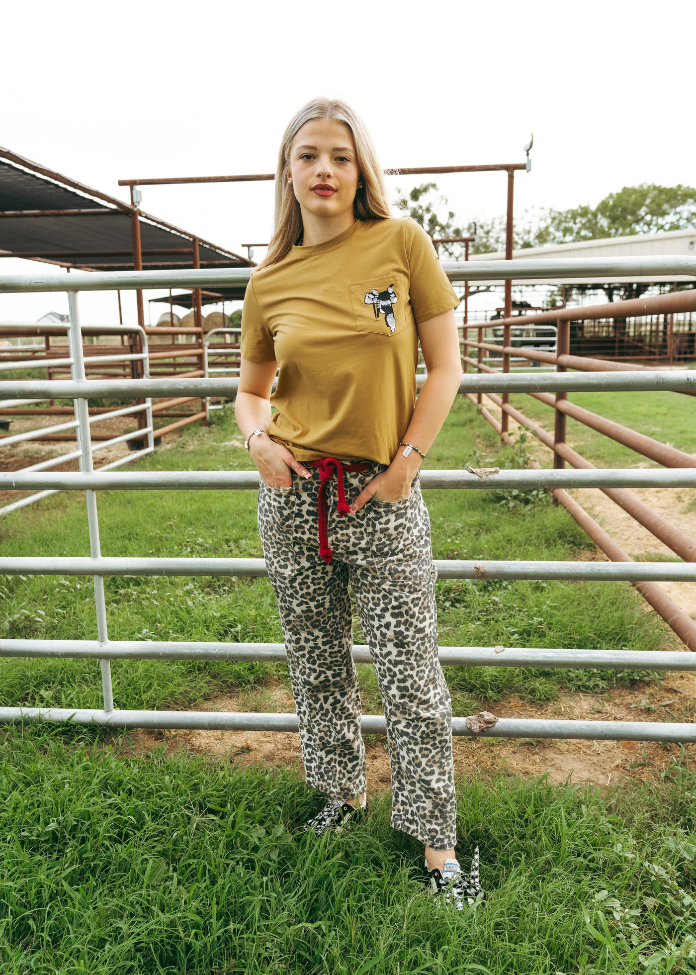 Leopard Print Pants with Red Braided Belt IB1537-02
