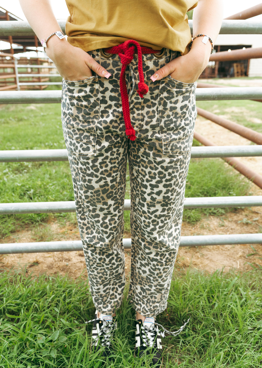 Leopard Print Pants with Red Braided Belt IB1537-02