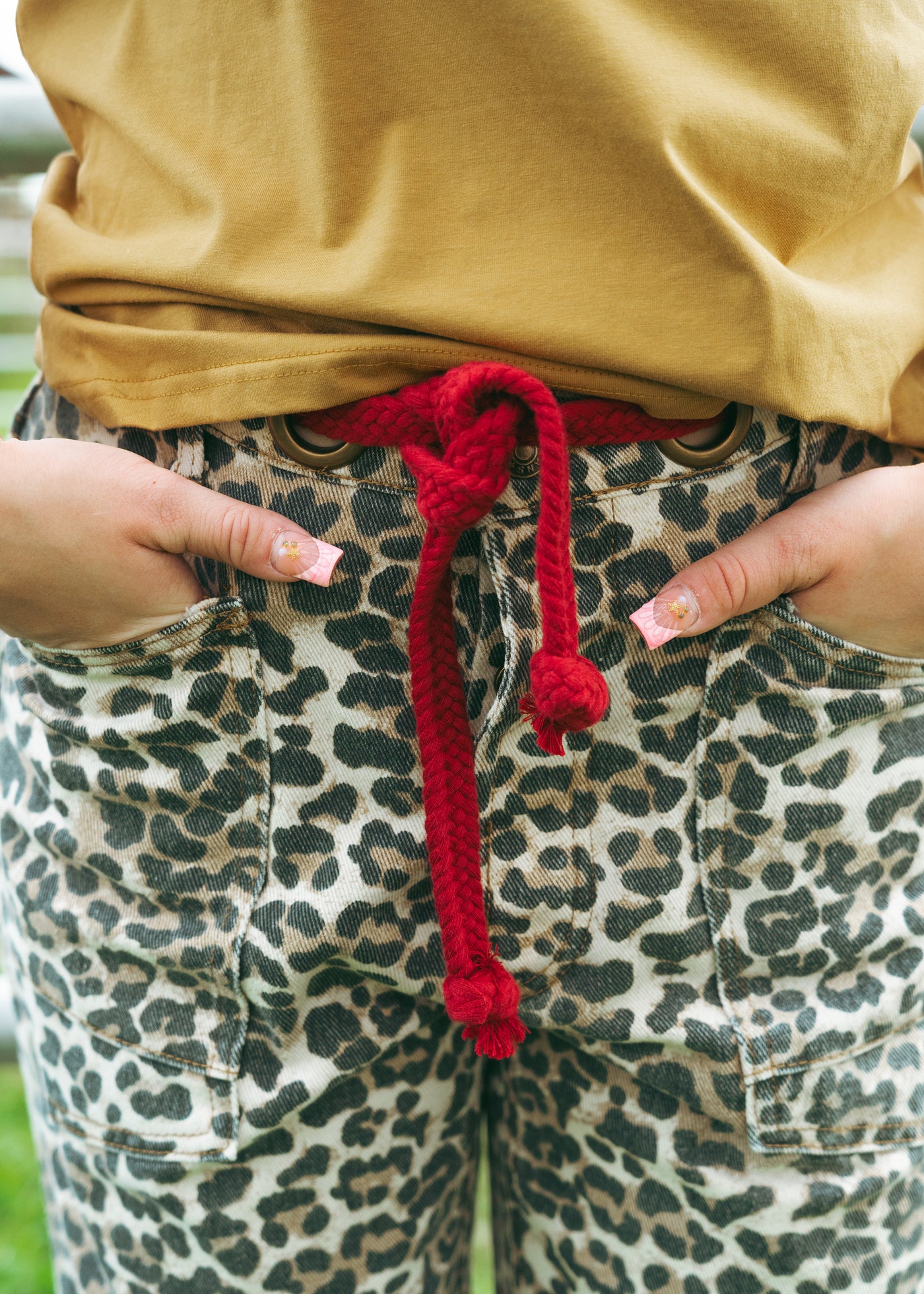Leopard Print Pants with Red Braided Belt IB1537-02
