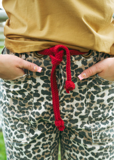 Leopard Print Pants with Red Braided Belt IB1537-02
